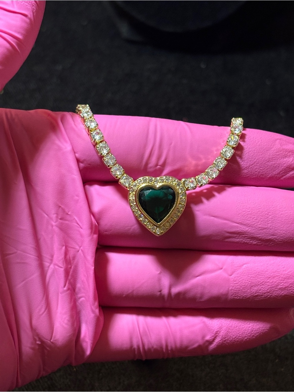 3.2mm Yellow Gold Emerald Green Heart Halo CZ Tennis Necklace 19in. - Picture 7 of 16